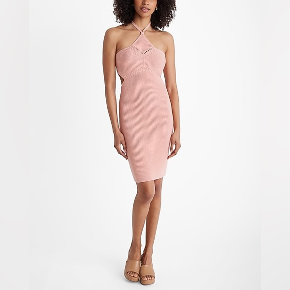 EXPRESS Ribbed Halter Sleeveless Cutout Mini Blush Pink XS